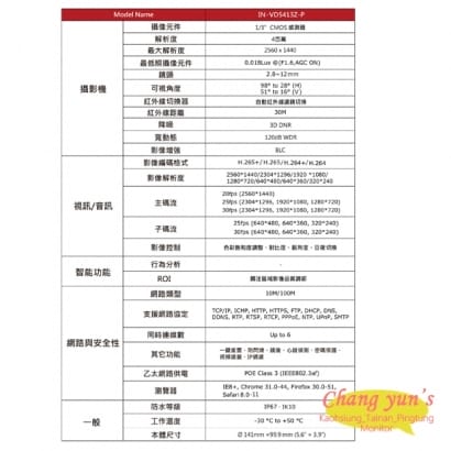 IN-VD5413Z-P ICATCH可取 H.265 4MP POE供電 IP CAM 網路攝影機 半球 監視器