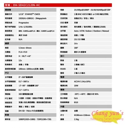 DH-SD42C212IN-HC 星光級12倍1080P HDCVI快速球 大華dahua
