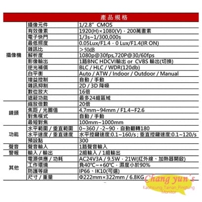 DH-SD63220IN-HC 20倍1080P HDCVI快速球 大華dahua 監視器攝影機