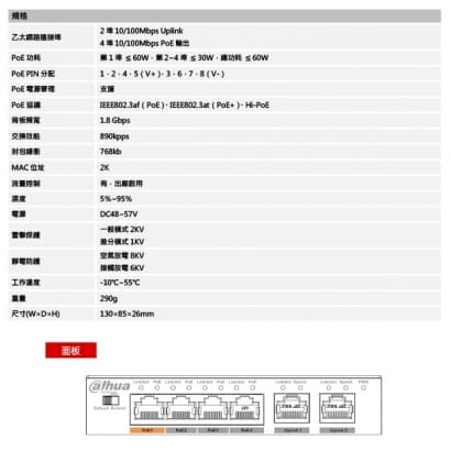 大華 DH-PFS3006-4ET-60 4埠PoE+2埠RJ45網路交換器