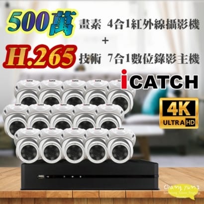 可取 套餐 H.265 16路主機 監視器主機+500萬400萬畫素 半球型紅外線攝影機*15