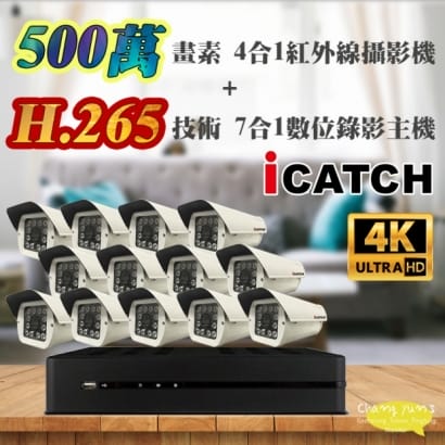 可取 套餐 H.265 16路主機 監視器主機+500萬400萬畫素 戶外型紅外線攝影機*13