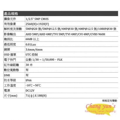 FHD-BX6SW5MP 熊貓系列5MP 一體型紅外線攝影機