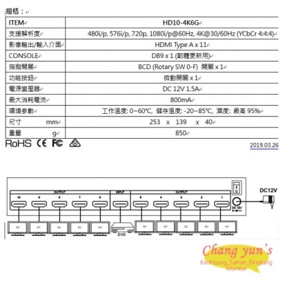 HD10-4K6G HDMI 一分十影音分配器