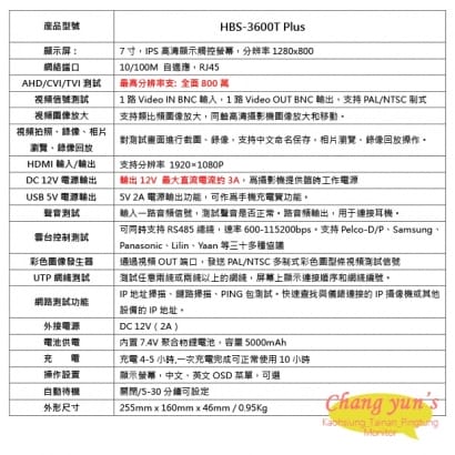 HBS-3600T Plus 7吋觸控式四合一同軸型測試螢幕 工程測試用