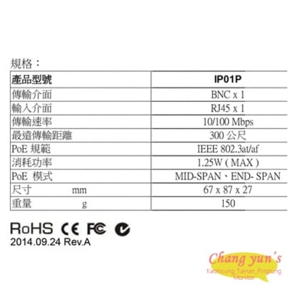 IP01P PoE網路轉換同軸訊號延長器