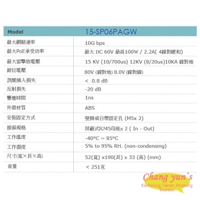 15-SP06PAGW 10G Base-T乙太網路供電(PoE)防雷器 避雷設備