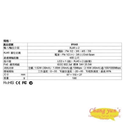 IP04X PoE 乙太網路延長供電中繼器