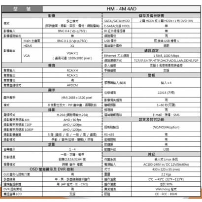 HM-4M4AD 環名 4路四合一 數位錄影主機