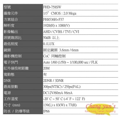 FHD-758SW 1080P 四合一紅外線槍型攝影機