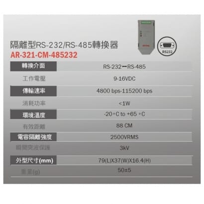 SOYAL AR-321-CM-485232 隔離型RS-232-RS-485轉換器