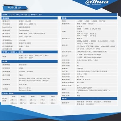 大華 DH-IPC-HFW1230SN-S5 H.265 200萬紅外線槍型網路攝影機 IP cam