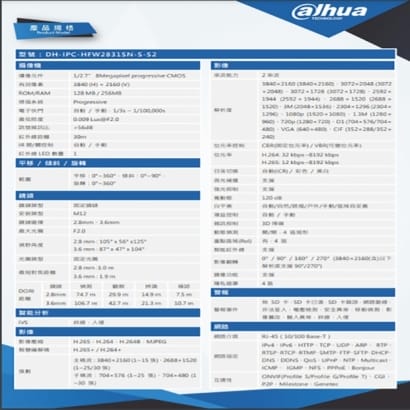 大華 DH-IPC-HFW2831SN-S-S2 8MP槍型紅外線網路攝影機 IP cam