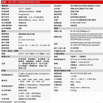 大華 DH-IPC-HDBW2831RN-ZAS-S2 8MP 變焦紅外線半球型網路攝影機