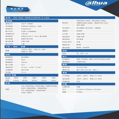 大華 DH-HAC-HFW1509TN-A-LED 全彩500萬聲音白光槍型攝影機