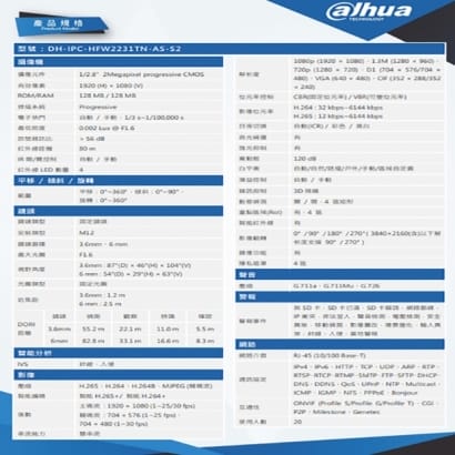 大華 DH-IPC-HFW2231TN-AS-S2 星光200萬紅外線槍型網路攝影機 IPcam