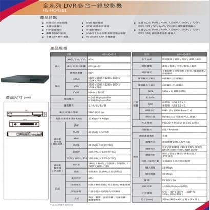 HS-HQ4311 H.265 5MP 4路 同軸 聲音4入1出 多合一 DVR 錄放影主機