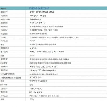 FHD-8542Z5MP 5MP 星光低照電動鏡頭 /自動對焦紅外線攝影機