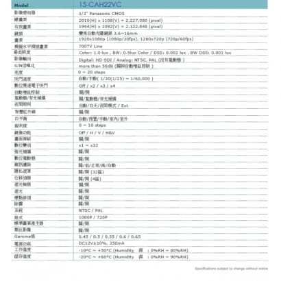 15-CAH22VC 高感度1/3” 220萬畫素CMOS攝影機