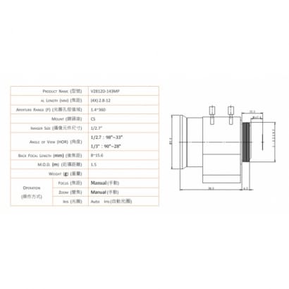 V2812D-143MP 3M 2.8-12mm 百萬畫素自動光圈鏡