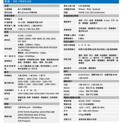 聲寶 DR-TW8516S H.265 16路智慧型五合一XVR 錄影主機