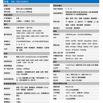 聲寶 DR-TW2508NV 專業型H.265 8路智慧型4K NVR 錄影主機