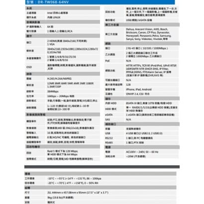 聲寶  DR-TW068-64NV 64路Ultra 4K H.265網路影像錄影機