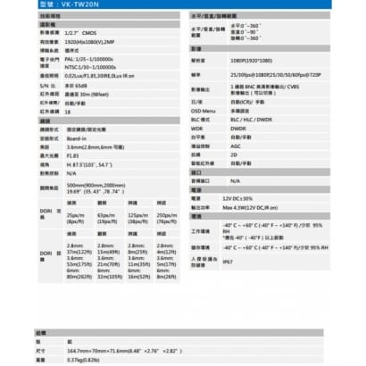 聲寶 VK-TW20N 2MP HDCVI紅外線槍型攝影機