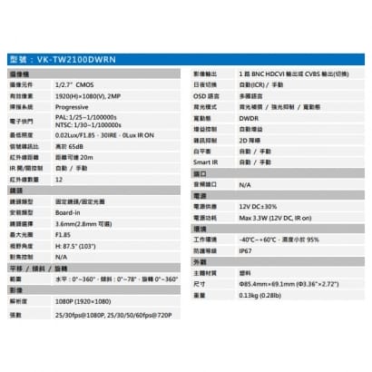 聲寶 VK-TW2100DWRN 2MP HDCVI紅外線半球型攝影機