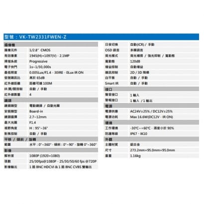 聲寶  VK-TW2331FWEN-Z 高階型1080P HDCVI變焦紅外線攝影機