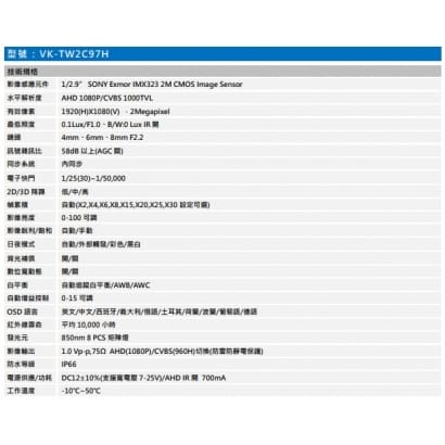 聲寶 VK-TW2C97H AHD紅外線攝影機