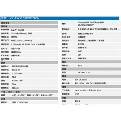 聲寶  VK-TW5100DWTNZA 5MP HDCVI紅外線半球攝影機