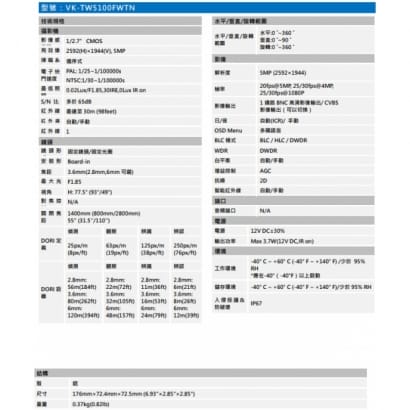 聲寶  VK-TW5100FWTN 5MP HDCVI紅外線槍型攝影機