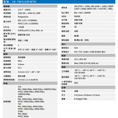 聲寶  VK-TW5109FWTN 5MP全彩星光HDCVI槍型攝影機