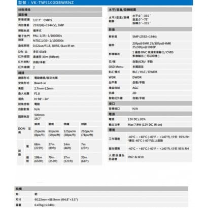 聲寶  VK-TW5100DBWRNZ 5MP HDCVI變焦紅外線半球攝影機