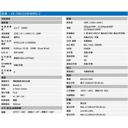 聲寶  VK-TW5100FWRN-Z 5MP星光HDCVI紅外線槍型攝影機