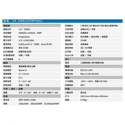 聲寶  VK-TW8202FWTNAZ 專業型4K HDCVI星光級變焦紅外線攝影機