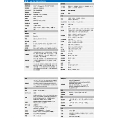 聲寶  VK-TWIP2541FWEN 2MP紅外固定焦點 子彈式網路攝影機