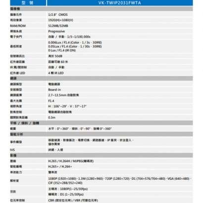 聲寶  VK-TWIP2031FWTA 星光級H.265 1080P電動變焦紅外線IP攝影機