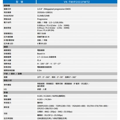 聲寶  VK-TWIP2031FWTZ 星光級H.265 1080P電動變焦紅外線IP攝影機