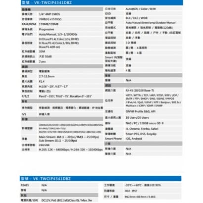 聲寶  VK-TWCIP4341DBZ 400萬WDR半球型網路攝影機