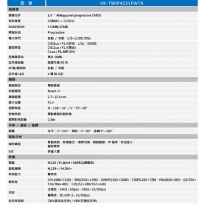 聲寶  VK-TWIP4231FWTA H.265 4MP變焦紅外線IP攝影機