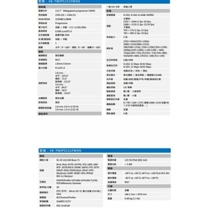 聲寶  VK-TWIP5231FWSN 5MP紅外線定焦網路攝影機