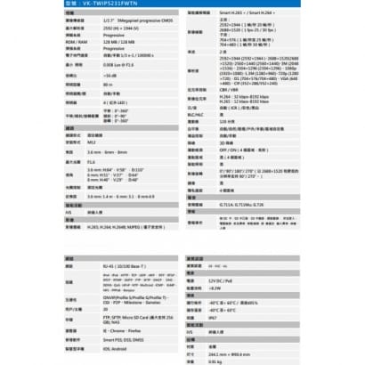 聲寶  VK-TWIP5231FWTN 500 萬槍型紅外線網路攝影機