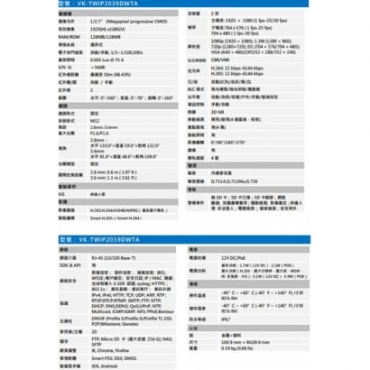 聲寶  VK-TWIP2039DWTA 2MP WDR 紅外線網路攝影機