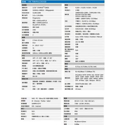 聲寶  VK-TWIPA1203SD 星光級3倍1080P紅外線 IP快速球