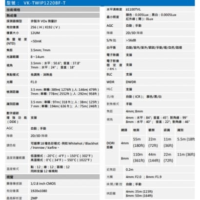 聲寶  VK-TWIP1220BF-T 熱成像槍型網路攝影機