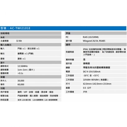 聲寶  AC-TWI2101E 防水獨立門禁卡機