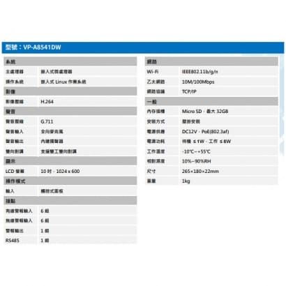 聲寶  VP-A8541DW 10吋觸控式網路型 保全影像室內機