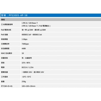 聲寶  PFS3005-4P-58 4埠 PoE網路交換器